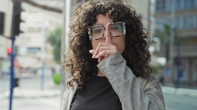 Woman points finger to lips for silence on city street wearing patterned glasses and blazer, curly hair visible; playful secret confidence.
