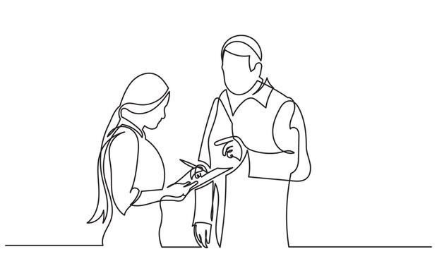 Continuous line drawing of two doctors discussing a medical report and taking notes. healthcare team illustration on white background.Modern medical professional concept vector.