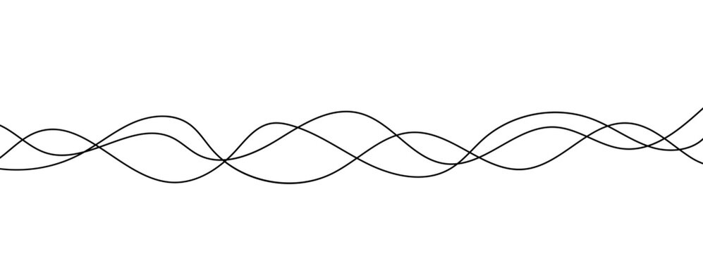 Long thin cable curve and continuous squiggle with curvy wavy line loop for vector sewing decoration. Loopy spiral illustration through a drawn graphic of black wire or chaotic thread elements in.