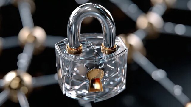 Secure System: A crystal padlock symbolizes digital security. It is safeguarding an intricate network of interconnected nodes, signifying data protection.