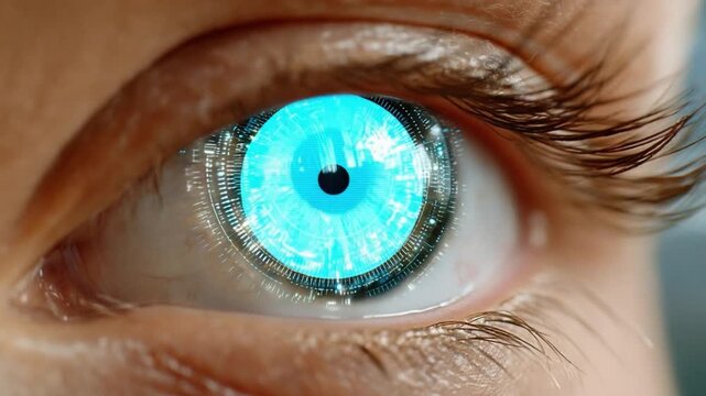 Cybernetic Gaze: A close-up shot focuses on a striking, glowing, artificial eye, hinting at the fusion of technology and the human form.