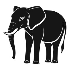 Fototapeta premium Simple black and white illustration of an elephant standing alone with curved tusks and big ears