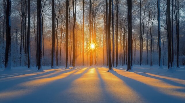 Serene snow-covered forest at sunrise with a golden sunburst through tall bare trees casting long blue shadows across pristine snow
