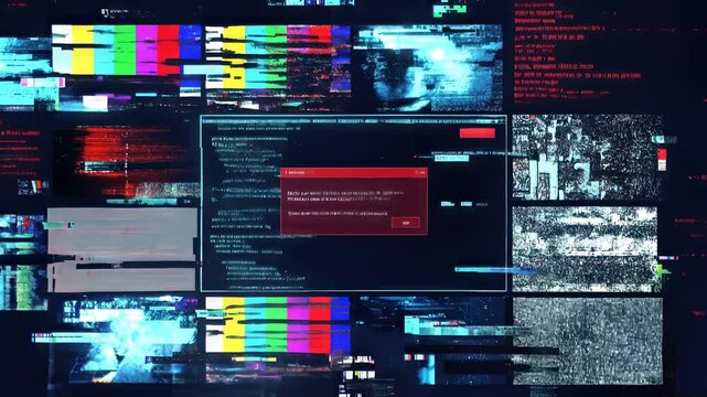 Cyber security system failure with red warning popup and digital glitch effects. Static shot with flickering screen distortion.