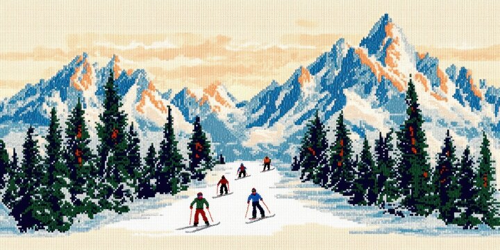 six skiers descending a snowy alpine slope through evergreen pines toward towering sunlit mountains at a serene sunset, embroidered tapestry appearance