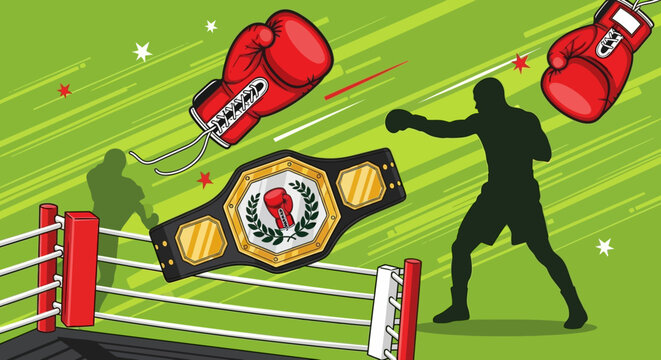 A boxer in a fighting stance with floating boxing gloves and a championship belt.