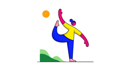 Fototapeta premium Modern Flat Illustration of a Person Practicing Yoga Outdoors with a Stylized Sun and Hills