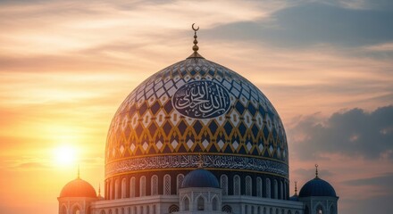 Obraz premium Mosque dome with crescent moon and arabic calligraphy at sunset