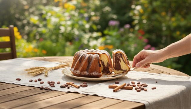 Friend reaching for marble bundt cake at garden brunch