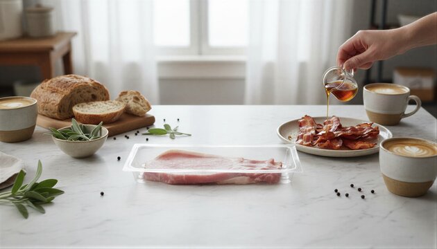 Friends enjoying brunch with bacon rashers and maple syrup