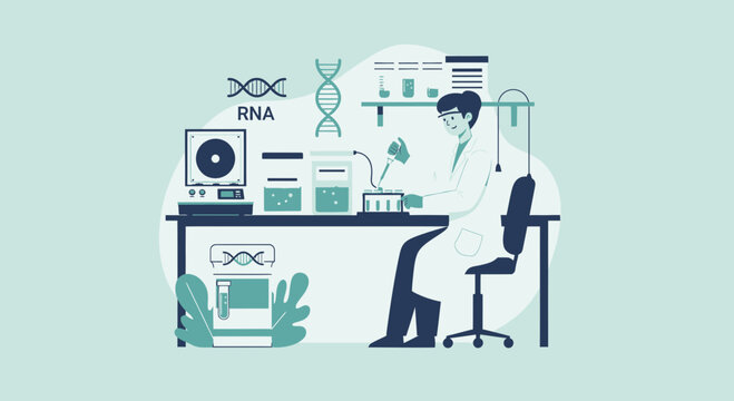 Scientist working in a modern laboratory with DNA, RNA, and scientific equipment