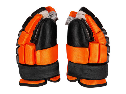 Orange and black ice hockey protective glove isolated on white background.