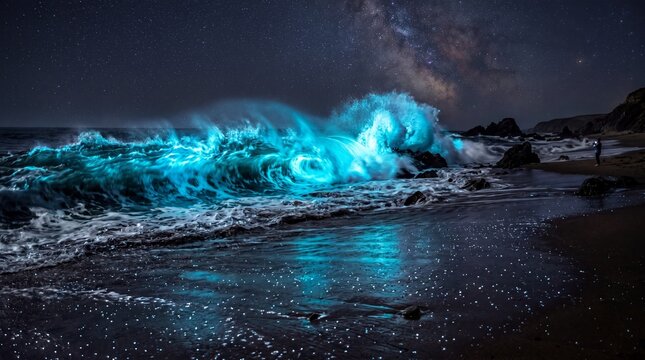 Luminous Neon Algae Lights A Crashing Ocean Swell For Magical Night Seascape Wall Art Prints