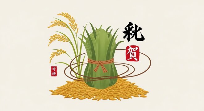 Rice bundle with calligraphy and grains