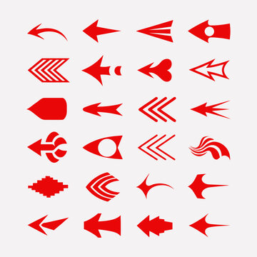 Extensive collection of geometric and abstract red arrow icons, showcasing varied patterns and forms for a wide range of design applications in eps.