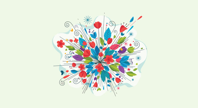 Artistic burst of colorful flowers and leaves radiating from a center point in a vibrant and modern graphic style.