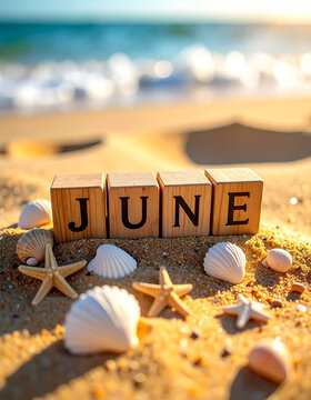 Rustic wooden letter blocks with text JUNE on golden beach sand, beautiful natural seashells starfish and tiny pebbles, soft ocean bokeh background