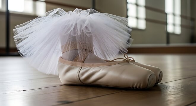 Ballet shoes with white tutu on wooden floor.