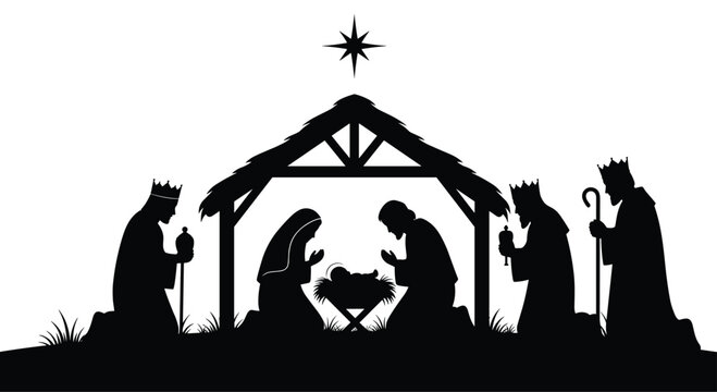Silhouette of the Christmas nativity scene depicting Mary, Joseph, and baby Jesus in a stable with the three wise kings.