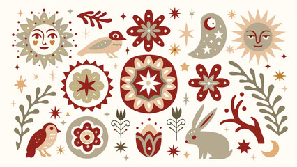 folk art collection with suns birds flowers moon and rabbit illustration in a decorative style high quality professional © Sarathi
