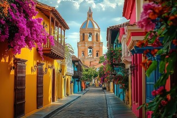 Fototapeta premium sunlit colorful colonial street with cobblestone path, wooden balconies draped in bougainvillea and a distant church dome, cheerful and picturesque