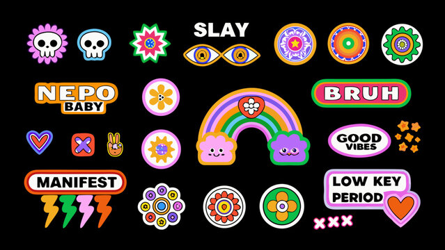 collection of colorful retro style stickers and badges with playful designs on a black background high quality professional