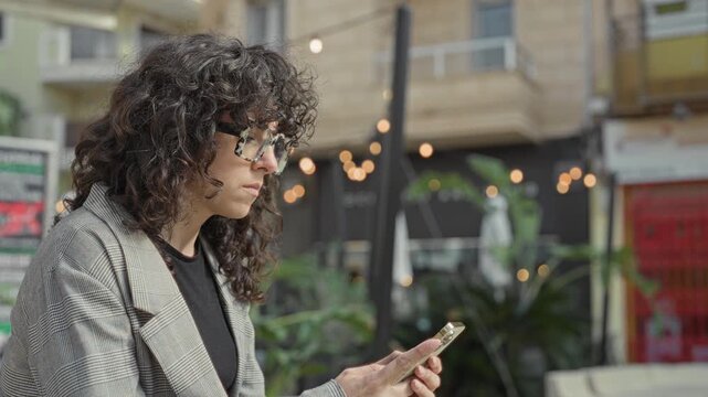 Woman tapping smartphone with visible hands, wearing glasses and checked blazer, seated near street facing building with string lights; quiet contemplation.