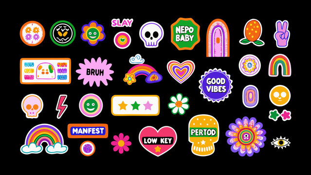 Collection of colorful digital stickers and badges with playful typography on a black background high quality professional detailed