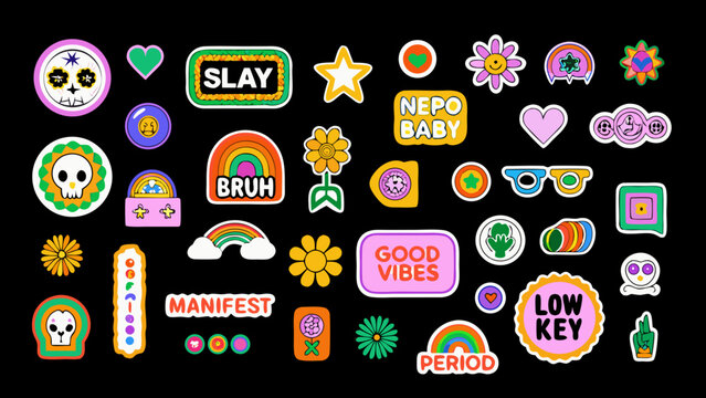 collection of colorful digital stickers and badges with trendy phrases and graphic elements on black background high quality