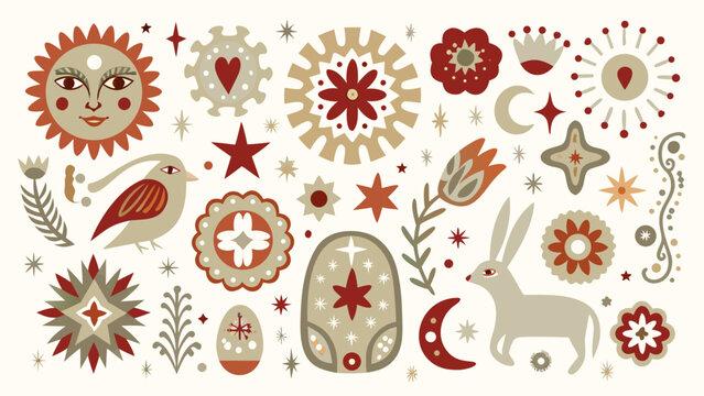 folk art collection with sun bird hare flowers and celestial elements in a decorative style high quality professional