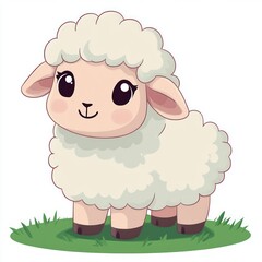 Obraz premium adorable fluffy white lamb with big sparkling eyes standing on a patch of green grass, smiling and cheerful