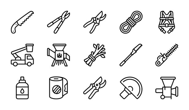 Gardening Tools Set, Arborist Equipment, Outdoor Maintenance Icons, Vector Graphics Collection