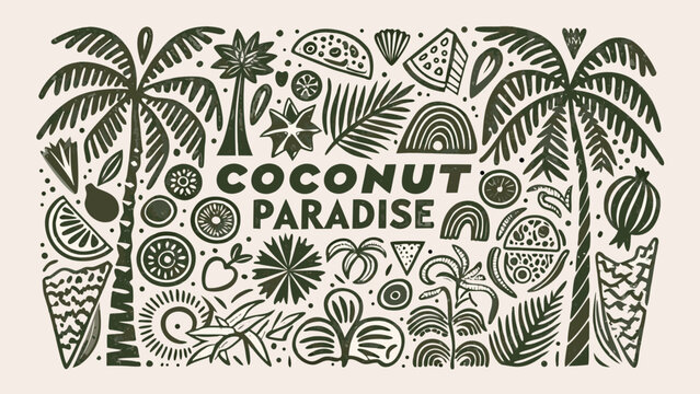 tropical botanical illustration with palm leaves coconuts and shells in a dark green monochromatic style high quality professional