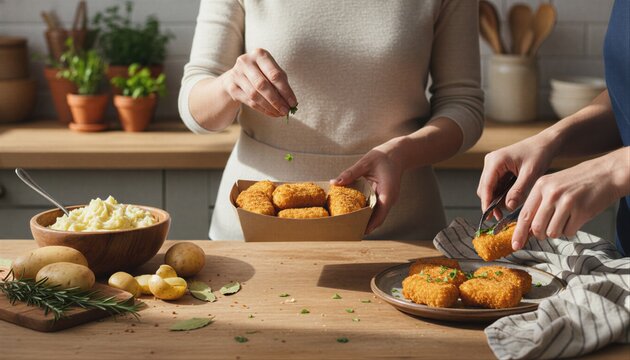 Friends serving crispy potato croquettes in a warm home kitchen