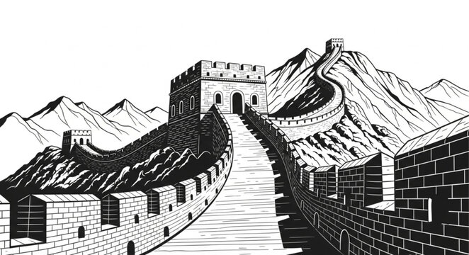 Ancient Stone Wall and Fortress on Mountain Ridge.