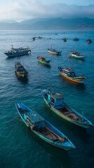 Obraz premium Aerial View of Colorful Fishing Boats Anchored in a Serene Coastal Bay