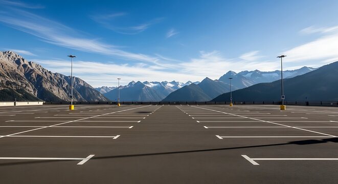 empty parking lot with mountain range.