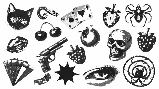 assortment of gothic objects and symbols in grayscale including a cat skull and playing cards high quality professional