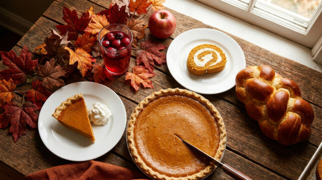 Rustic autumn harvest feast, a warm Thanksgiving dinner spread with pumpkin pie, challah bread, and fall leaves. Cozy holiday celebration, seasonal food photography for festive gatherings.