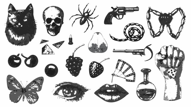 assorted gothic objects and symbols in monochrome sketch style on a white background high quality professional detailed modern