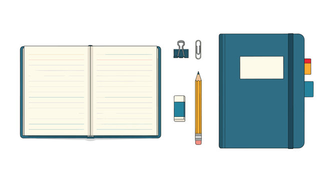 Desktop stationery set features an open lined notebook, a closed journal, a pencil, an eraser, and clips for writing and organized office work.