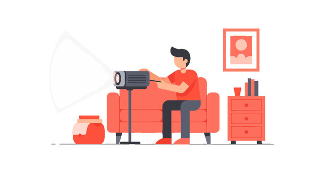 Man watching movie projected from projector on wall while sitting on sofa in living room, home entertainment concept