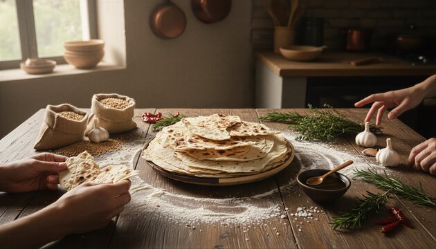 Friends sharing fresh homemade flatbread in a sunlit kitchen