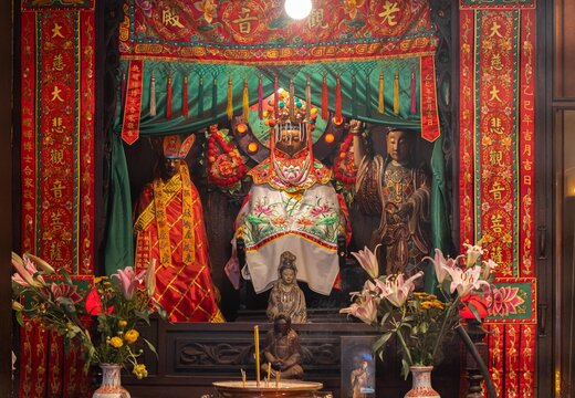 Traditional scene of worshipping deities at Tin Hau Temple in Hong Kong