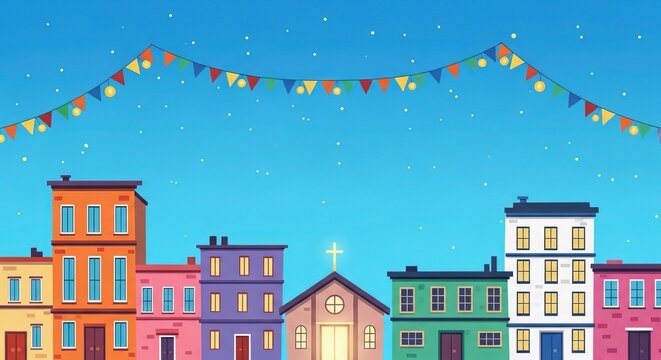 Colorful row of houses with festive triangular bunting against clear blue sky