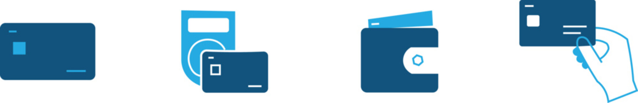 Credit card icon set. Credit card payment icons symbol. Hand swipe credit card flat icon for online payment. Seamless payment options with modern credit card icons
