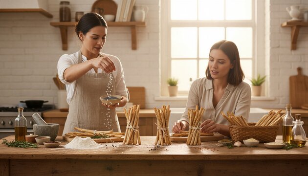 Friends sharing homemade artisan breadsticks in a sunlit kitchen