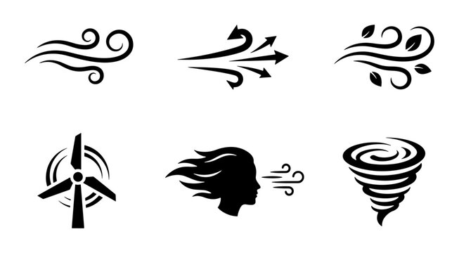 Wind Icons Set: Weather, Airflow, Turbine, Storm, Breeze, Nature Elements