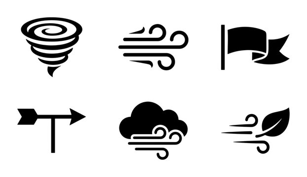 Weather Icons: Tornado, Wind, Flag, Wind Vane, Cloud, Leaf, Set