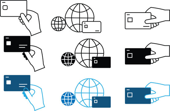 Credit card icon set. Credit card payment icons symbol. Hand swipe credit card flat icon for online payment. Seamless payment options with modern credit card icons

